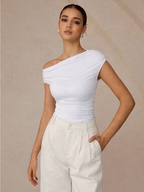 Commense White One-Shoulder Ruched Tank Top